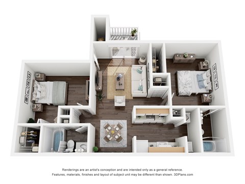 Floor plan for 2 beds, 2 baths, 921 sqft